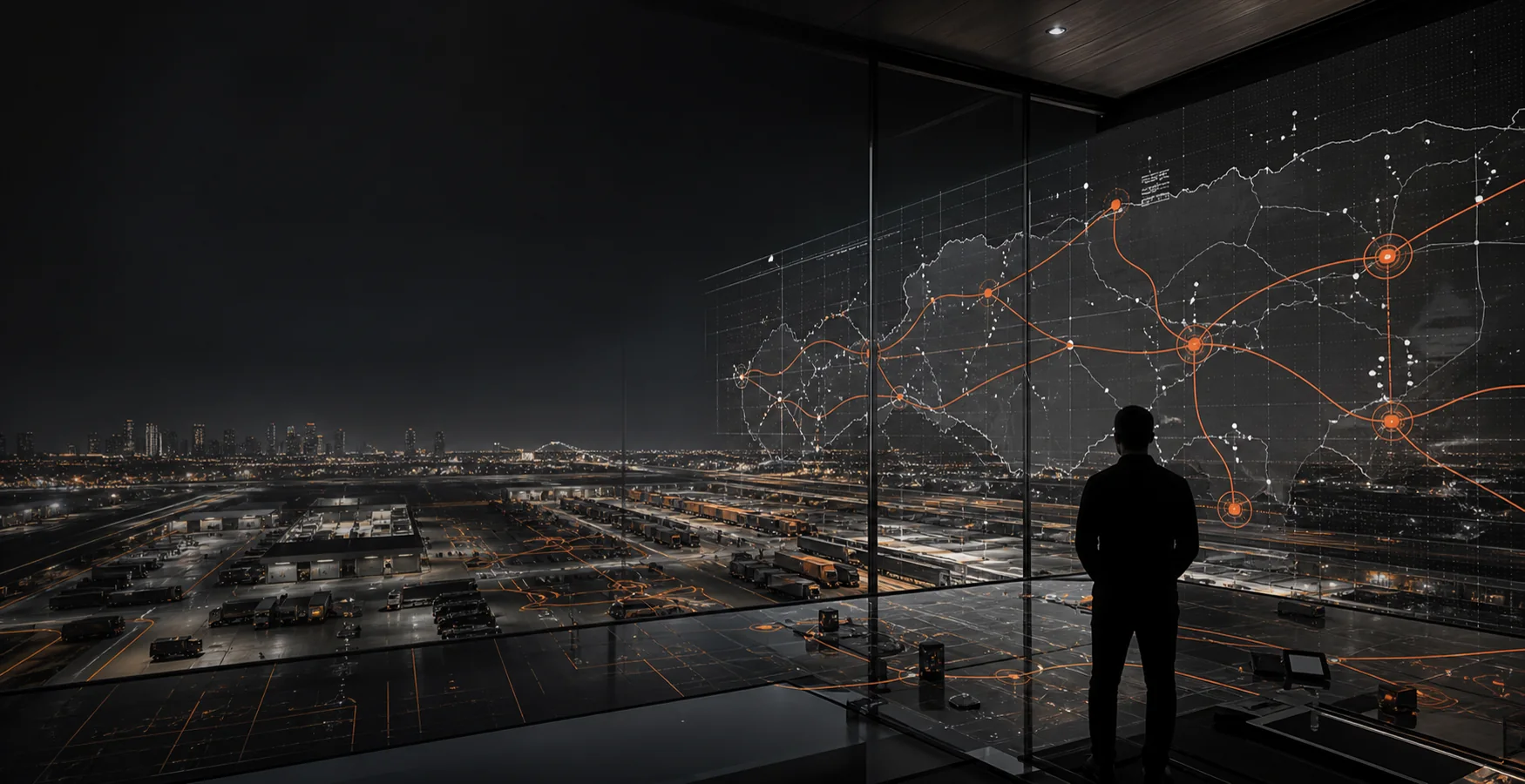 A dark operations environment showing a controlled logistics network and route system